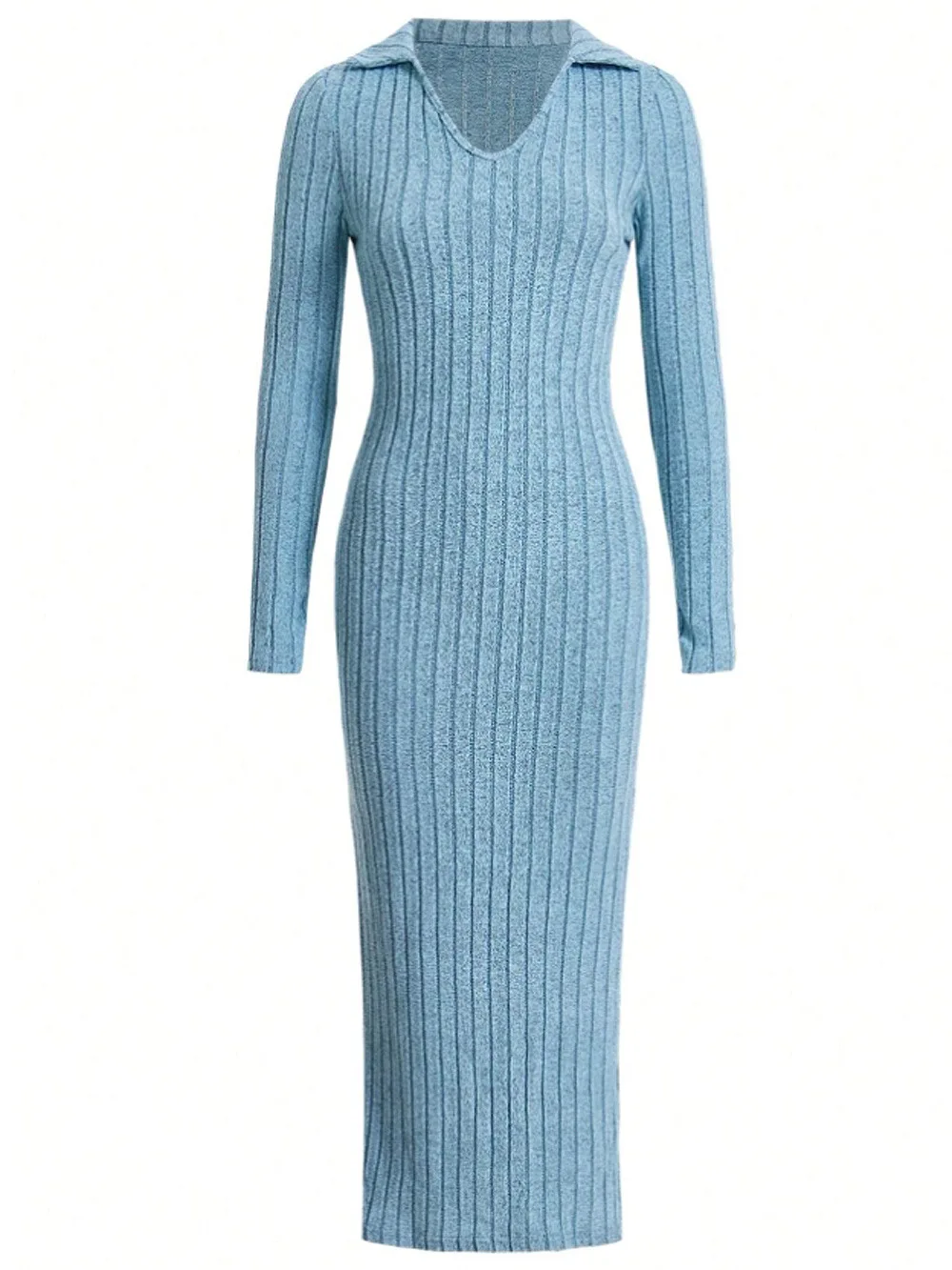 2024 Spring/Summer Knitted Dress Slim Fit Fashion Casual Women\'s Lapel Long sleeved Dress Concave Stripe Solid Color Long Dress