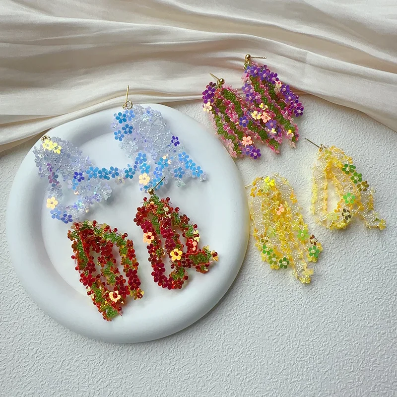 Sequined Flower Tassel Earrings Holiday Style Earrings