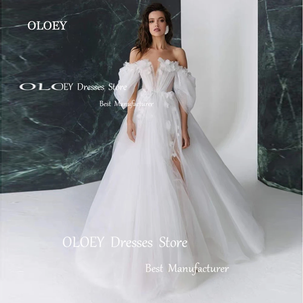 

OLOEY Exquisite Ivory Wedding Dresses Photoshoot Sweetheart 3D Flowers Bridal Gowns High Slit Floor Length Vestido De Noiva