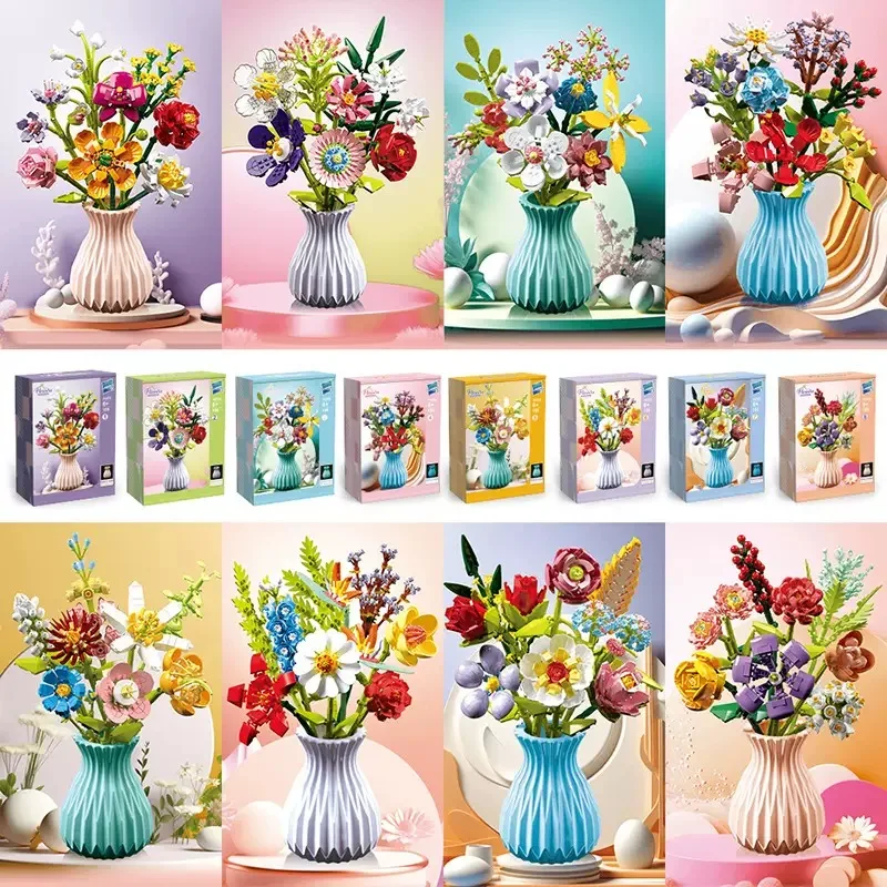 

8 Styles Flower Bouquets Plants Building Blocks with Vase Set Eternal Flower Rose Sunflower Model DIY Bricks Toys For Kids Gifts