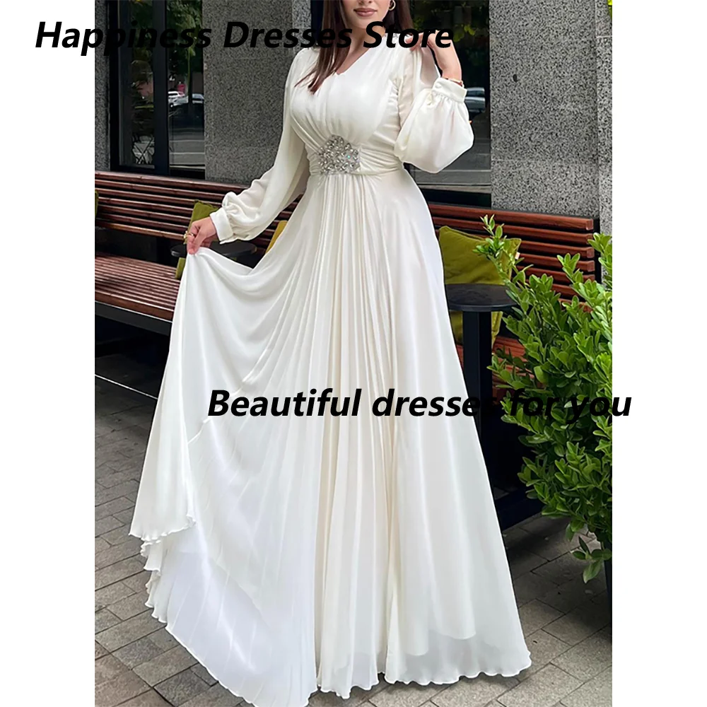 

Evening Dress Customized V-Neck Long Lantern Sleeves Chiffon Prom Dresses with Crystals Ruched Waist A Line Formal Occasion Gown