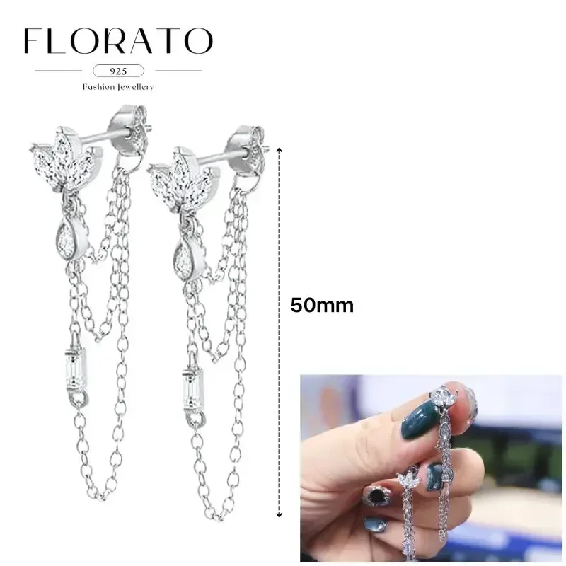 FLORATO 925 Sterling Silber Ohrringe mit Kettenquasten-Anhänger, Zirkon-Silberohrringe für Damen, Trendiger Luxus-Hochzeitsschmuck