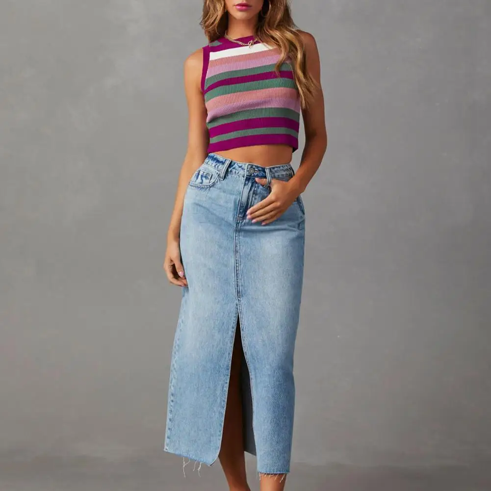 High Waist Denim Skirt Women Summer Buttons Zipper Fly Pockets A-Line Skirt Front Center Slit Design Midi Skirt Streetwear