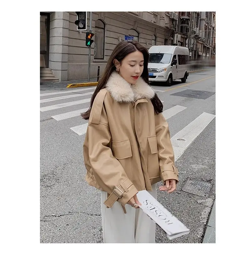 

Faux Fur Collar PU Leather Jacket Women 2025 Winter Short Motorcycle Coat Plush Lined Thickened Bomber Jacket