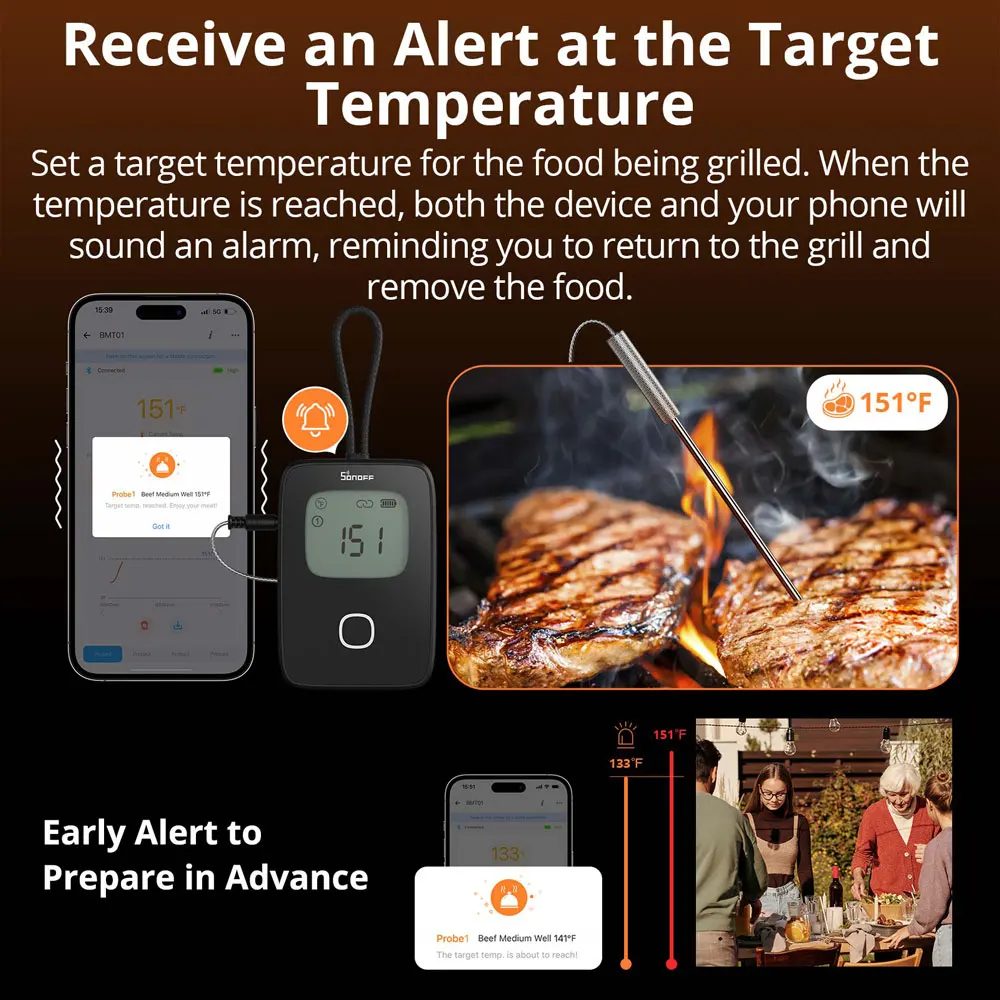 SONOFF BMT01 BBQ Meat Thermometer Remote Monitoring Temperature Alert Barbecue Cooking Oven Grill Probe Works with eWeLink APP