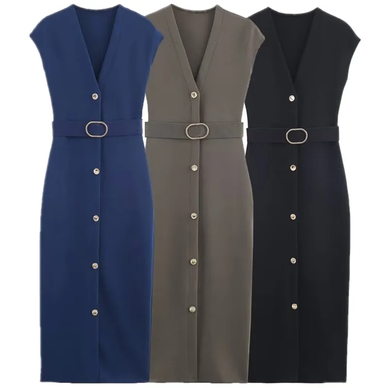 Elastische Midi Dr Dames Faion 2025 Herfst Nieuwe collectie Gordel Veelzijdig Dr Hoge Elastici Svel V-ne Enkele Bu...