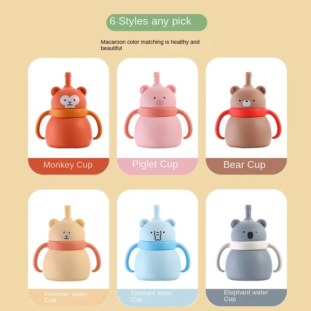 100ML Sippy Baby Cup Double Handles Cartoon Animals Toddler Sippy Cups Soft Silicone Non-Slip Grip Toddlers Straw Water Bottle