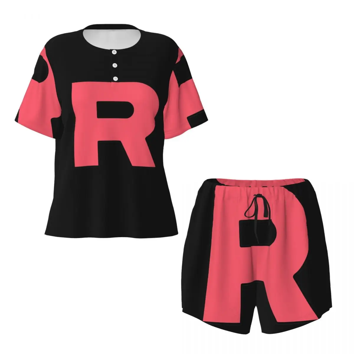 Letter R Team Rocket Logo Round Neck Short Sleeve Nightgowns for Sleeping Sleepshirts Women Loose Pajama Set Short Pants