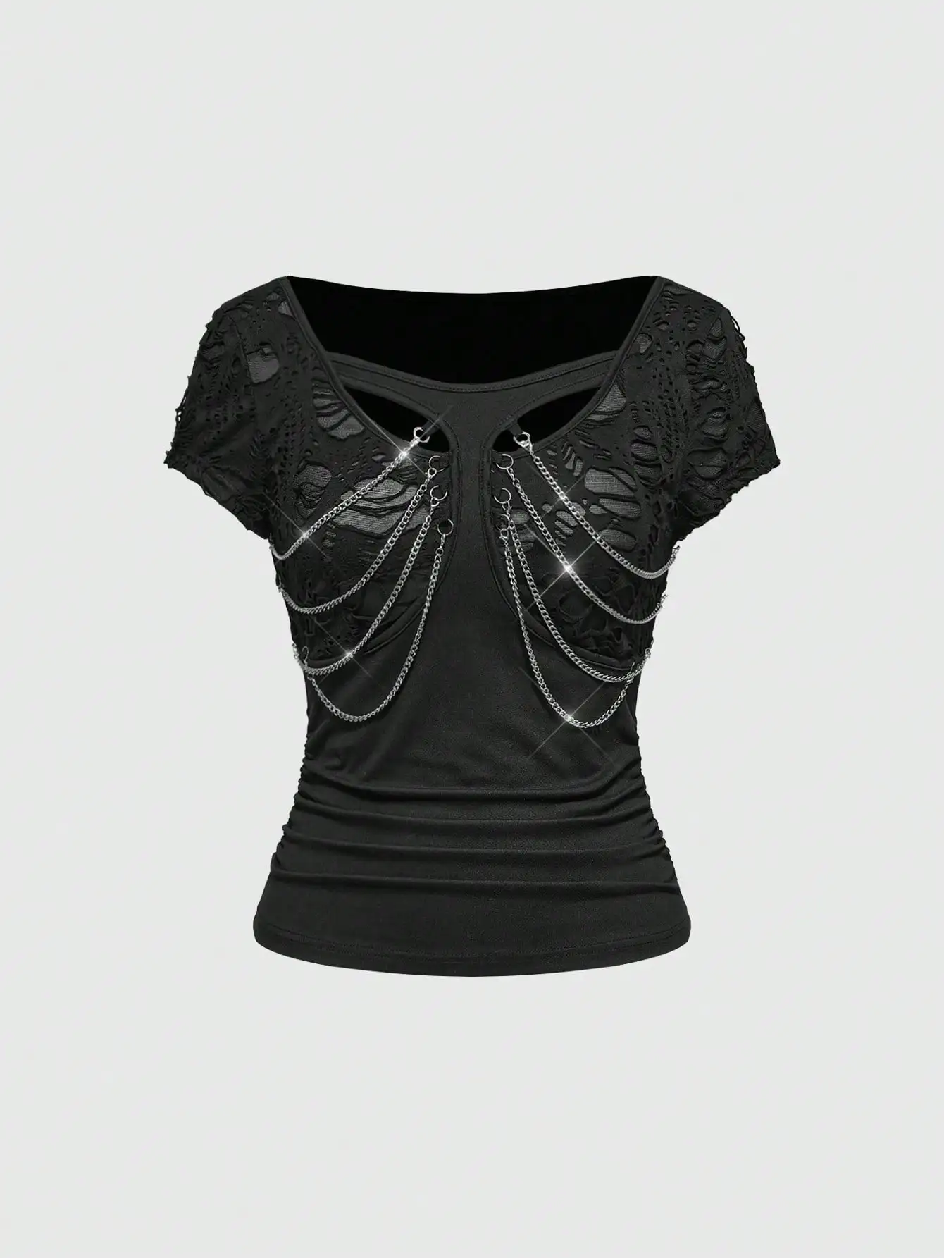 

Черная женская футболка с цепочками и кружевом в стиле панк, повседневный топ для вечеринок