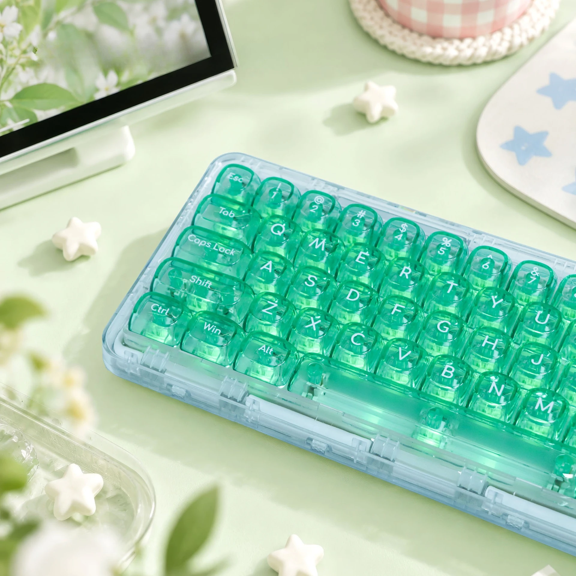 Fully Transparent PC Keycaps MOA Profile Green Blue Red White Cute Custom Key Caps for 60% 75% TKL 96% 100% Mechanical Keyboard