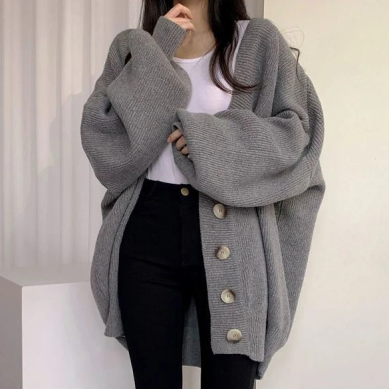 Rimocy Oversized Knit Cardigan for Women 2024 Korean Fashion Long Sleeve Sweater Woman Chic Single Breasted Loose Cardigan Coat