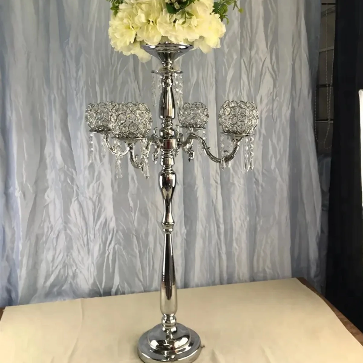 6pcs/10pcs)H90cm)5 arms metal silver candle candelabras glass with flower bowl table centerpiece stands for event decoration 559