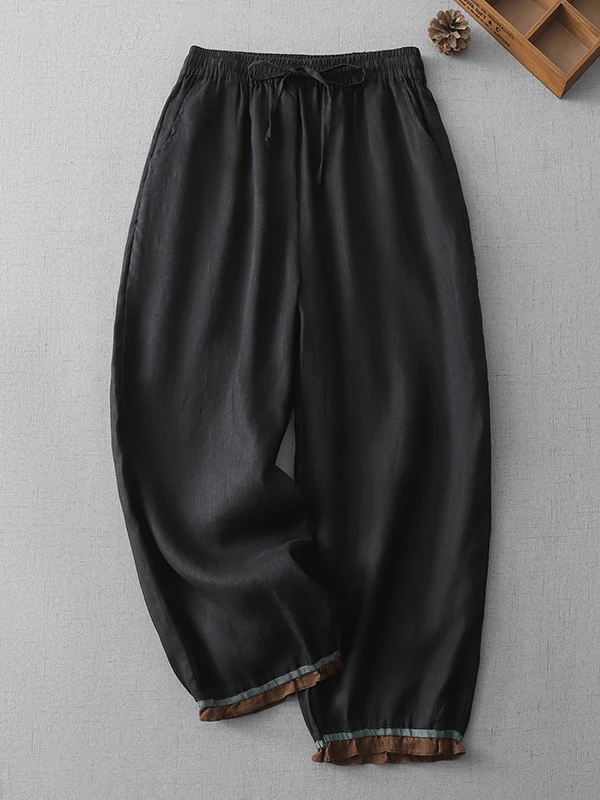 جديد وصول فضفاض صالح سراويلي حريمي واسعة الساق عادية القطن الكتان مزيج الصيف Faionable تسع نقاط بنطلون المرأة حجم كبير