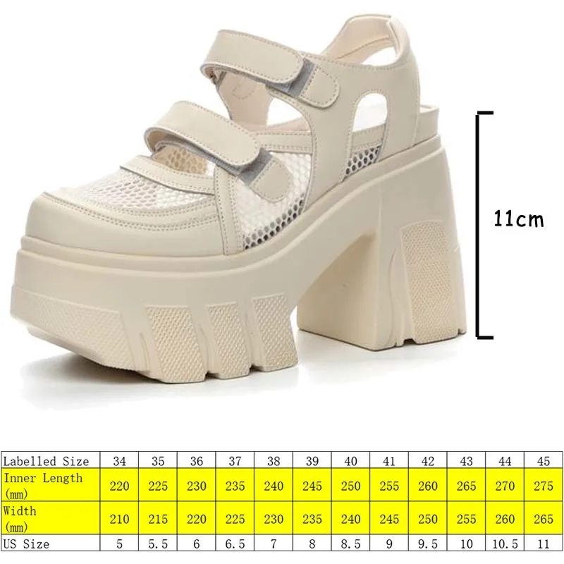 Fujin 11cm Air Mesh Genuine Leather Breathable Hook Pumps Summer Ankle Boot Mary Jane Platform Sandals Chunky Heels Casual Shoes