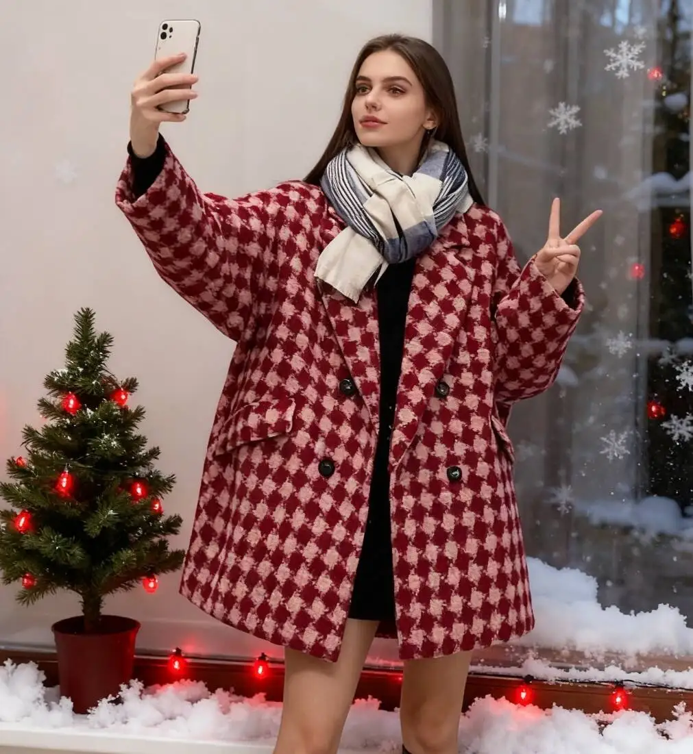 

Шерстяные пальто, женское шерстяное пальто, натуральное длинное осеннее парчовое пальто в клетку тартан с рукавами реглан, современный богемный стиль, консервативный клубный колледж
