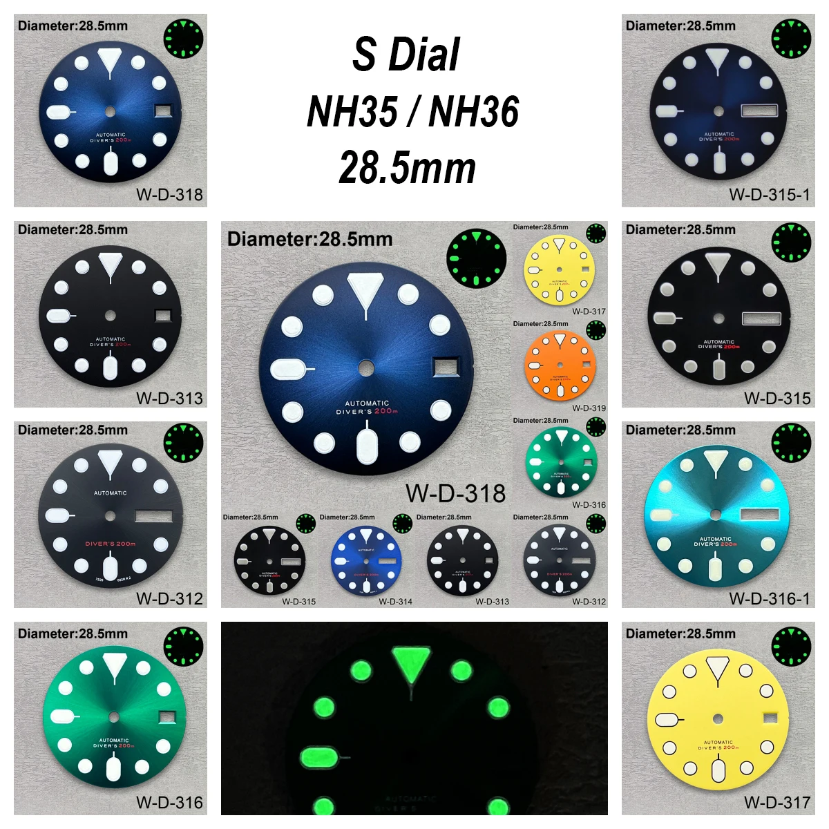 28.5mm S Logo SKX007 Dial Fit NH36/4R36 Movement Green Luminous Matte/Sunray Dial Watch Modification Accessories