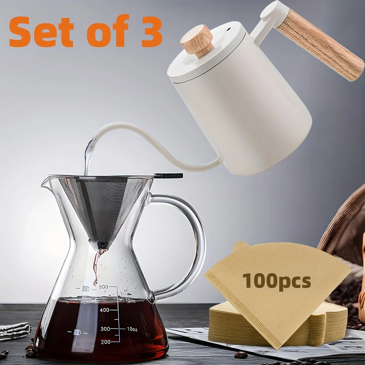 

Pour Over Coffee Maker Set, Includes Gooseneck Coffee Kettle, Pour Over Coffee Maker with Drip Filter, V02 Filter Paper(100 pcs)