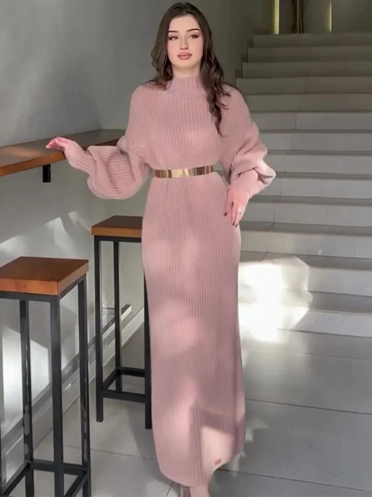 TARUXY Knitted Long Dress With Belt Women\'s Turtleneck Pullover Solid Sweater Dresses Fashion Long Sleeve Holiday Party Clothes