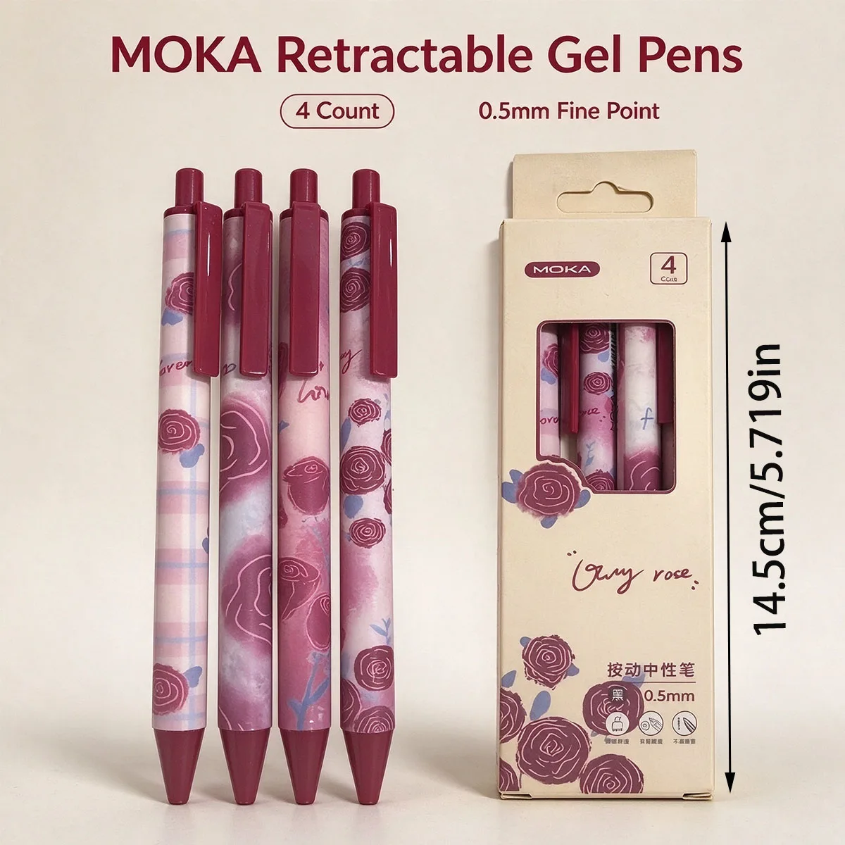 Four telescopic gel ink pens, retro red rose pattern click gel pen, 0.5mm fine pointed black ink, smooth writing pen - school of