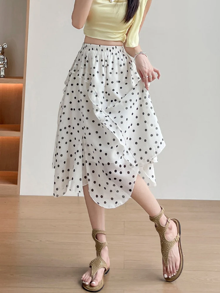 Sweet Chiffon Dot Skirt Women High Waist Loose Elegant Midi Skirts Summer Fashion Korean Irregular Female Casual Chic Ins Skirt