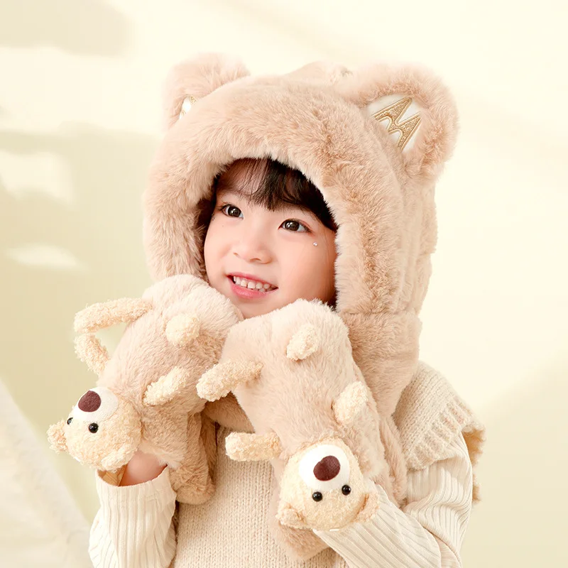 Children's Scarf Plush Gloves Hat Scarf Thickened Warm Three-piece Kids Cartoon Animal Breathable Soft Skin Windproof Supplies