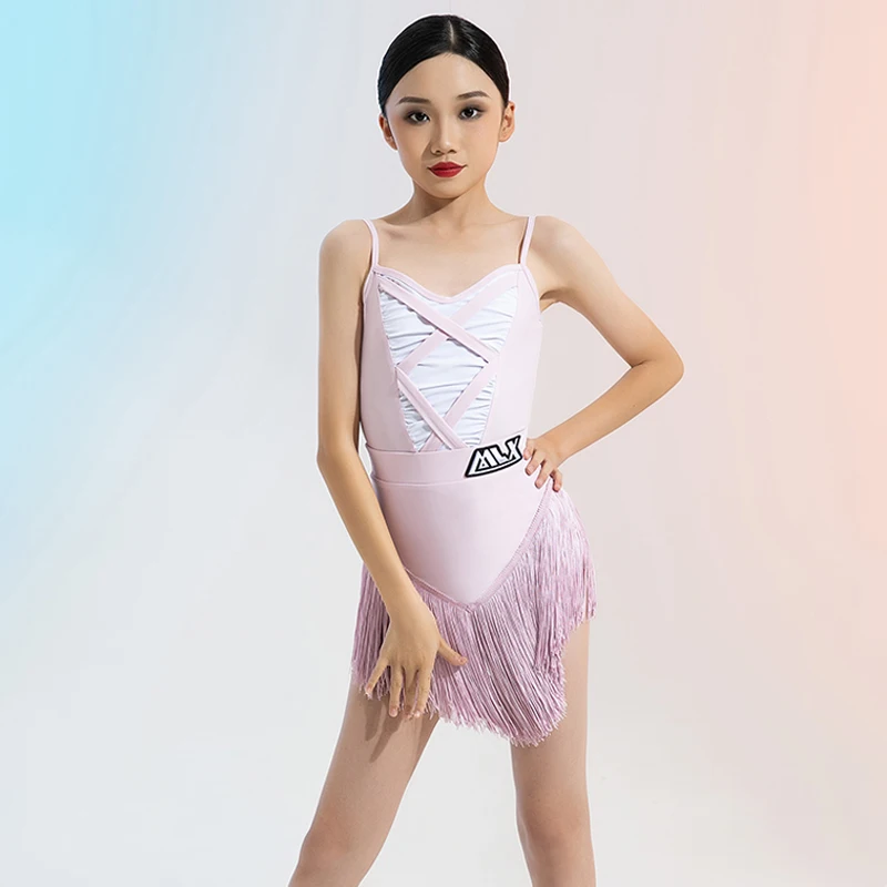 Rot Latin Dance Anzug Neue Mädchen Cha Cha Samba Bühne Kostüm Fringe Rock Sommer Sling Kleid Kinder Dance Performance Tragen AMY2081