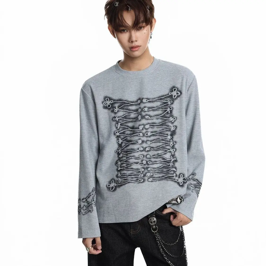Dark Gothic Y2K Long Sleeve T‑Shirt 100% Cotton Skeleton Ribcage Graphics Punk Grunge Streetwear Top Loose Hip Hop Unisex