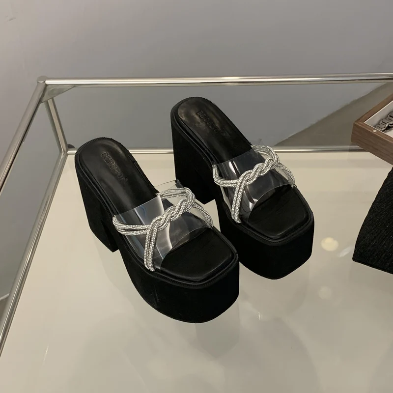 Women Slippers Black Chunky Heeled Sandals Cross Rhinestone Transparent High Heels Platform Shoes Summer Sandale Femme image 5