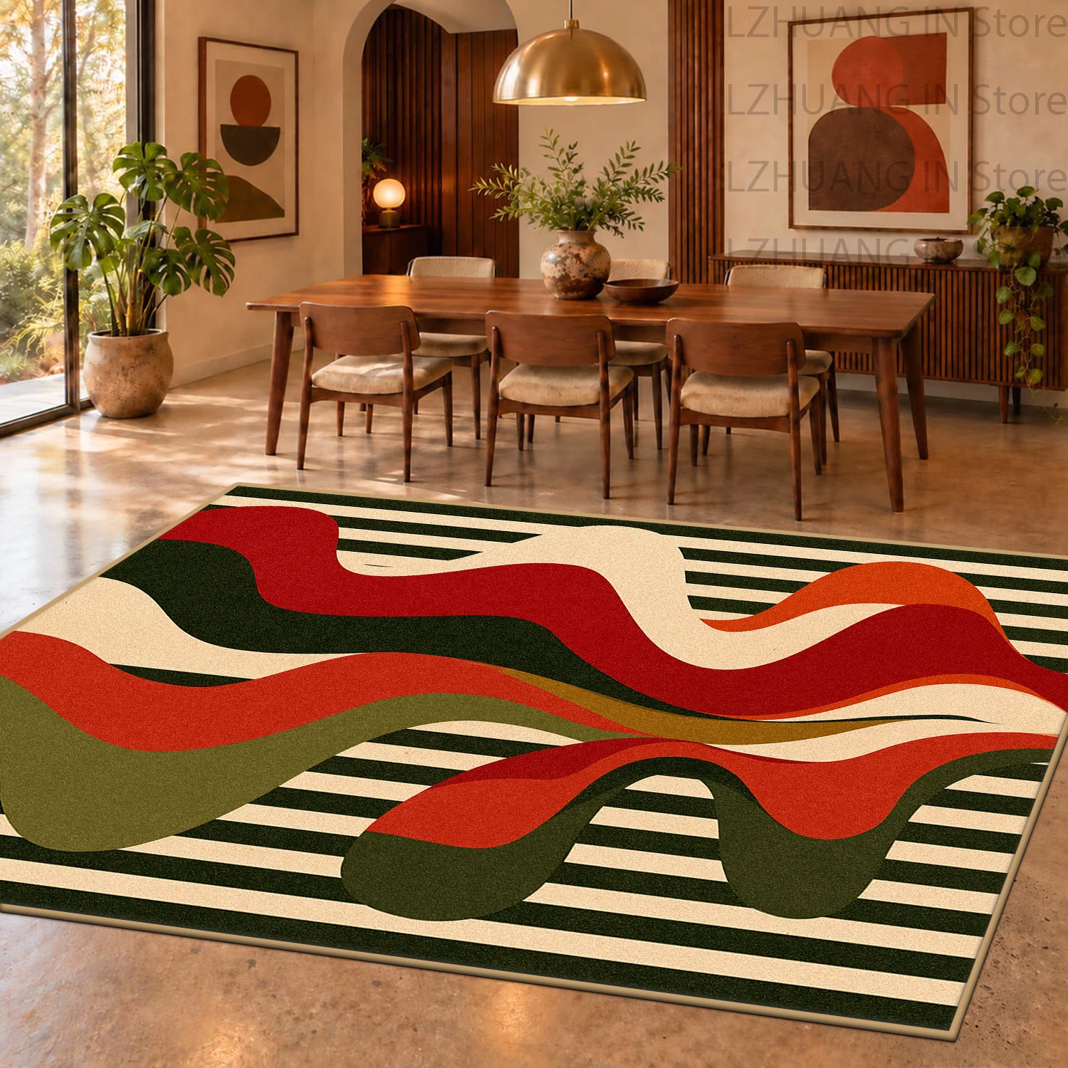 Mid-Century Modern Red Green Contrast Dining Room Big Rug Wavy Abstract Carpet for Living Room Non-Slip Washable Soft Floor Mat