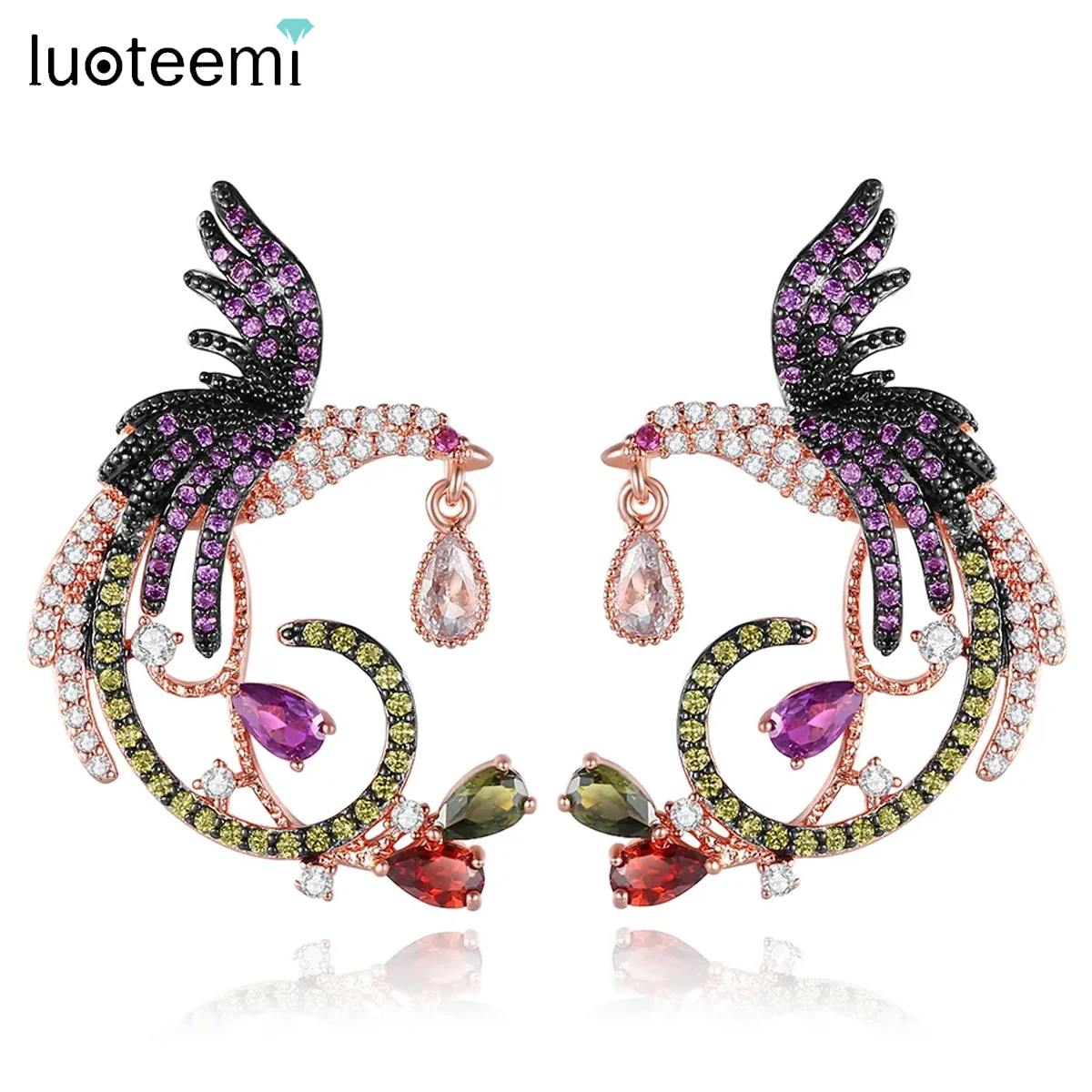 

LUOTEEMI Vintage Multicolor CZ Bird Stud Earrings for Women Chinese Unique Designer Luxury Phoenix Animal Accessories pendientes