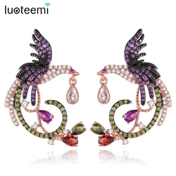 LUOTEEMI Vintage Multicolor CZ Bird Stud Earrings for Women Chinese Unique Designer Luxury Phoenix Animal Accessories pendientes