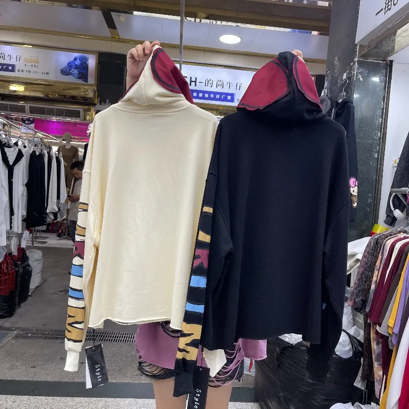 Kawaii Clothes 2025 Autumn Hoodies Heavy Industry Patchwork Cartoon Hooded Sweatshirt For Women's Loose Casual New Top Pullovers