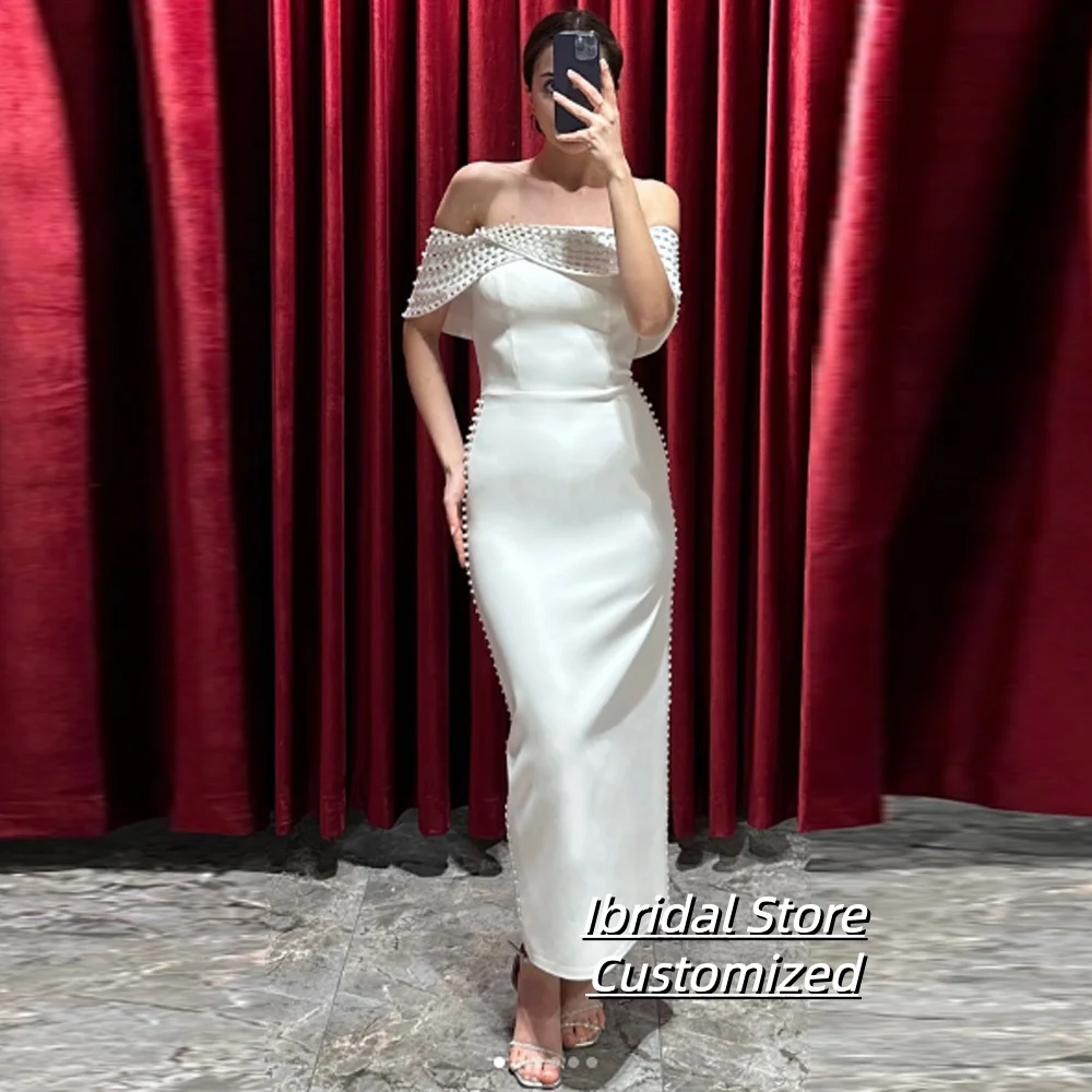 

Customized Ankle Length Evening Dress Off the Shoulder Sheath Straight with Pearl and Crystal Women Short Sleeve Gowns