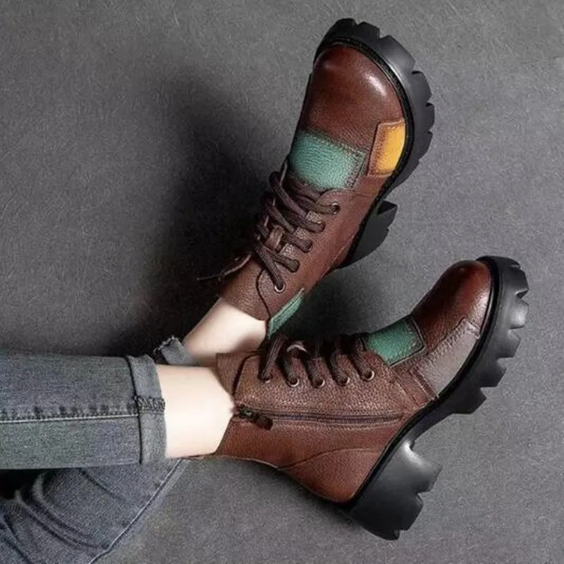 Autumn Winter Punk Goth Ankle Women Boots Mixed Colors Women Shoes Retro Genuine Leather Round Toe Sewing Handmade Platform Boot
