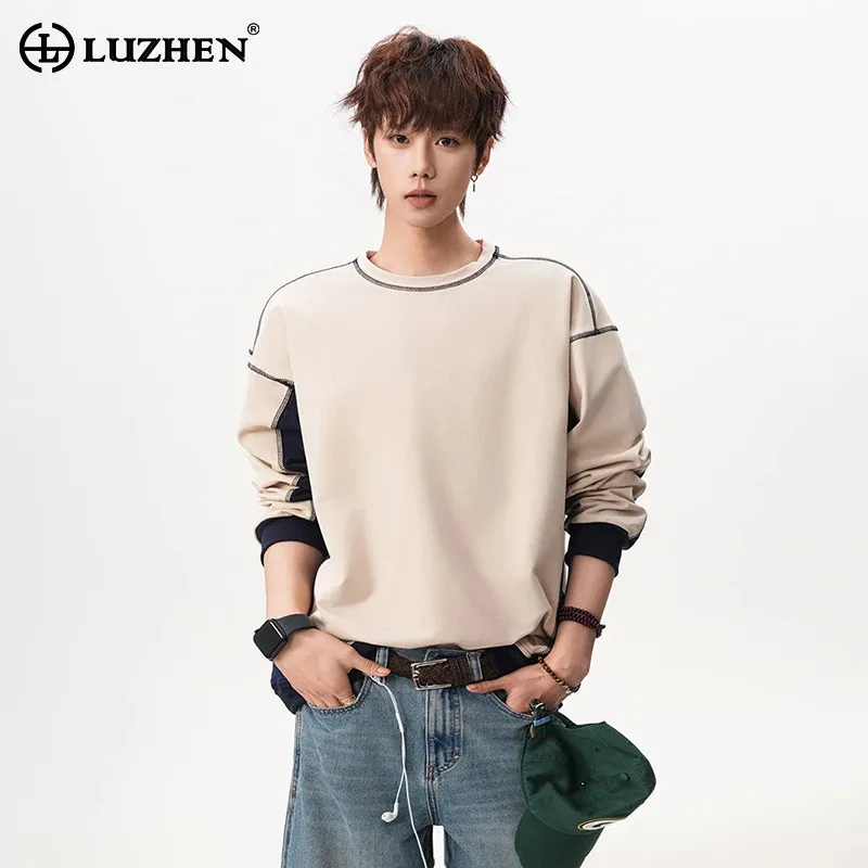 

LUZHEN 2026 Spring New Color Contrast Design Knitted Embroidery Outline Round Neck Sweatshirt Men Fashion Casual T-shirts JY6094