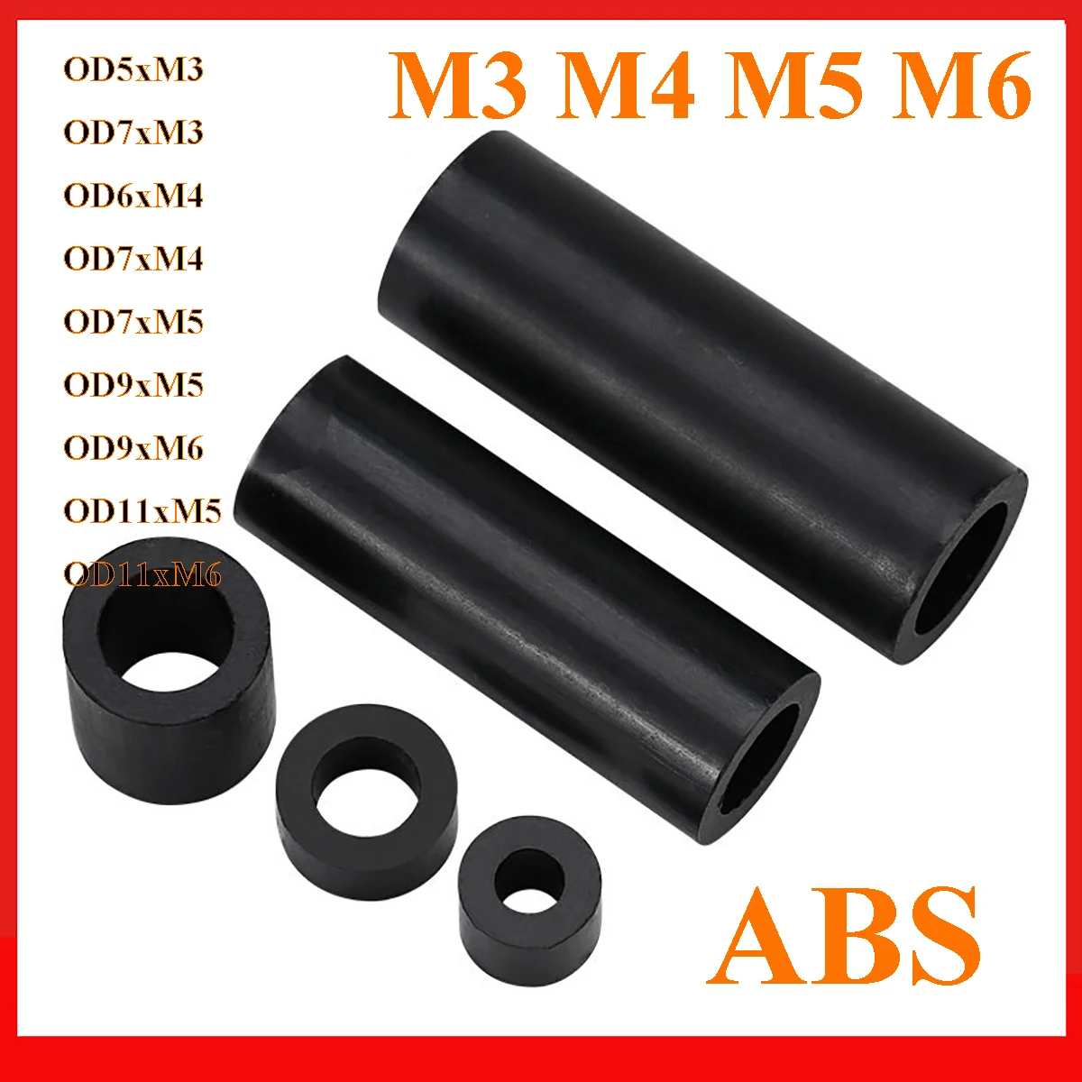 M3 M4 M5 M6 Black ABS Isolation Pillar Non-Threaded Hollow Nylon Bushing Round Standoff Washer PCB Support Spacers Length 2-50mm