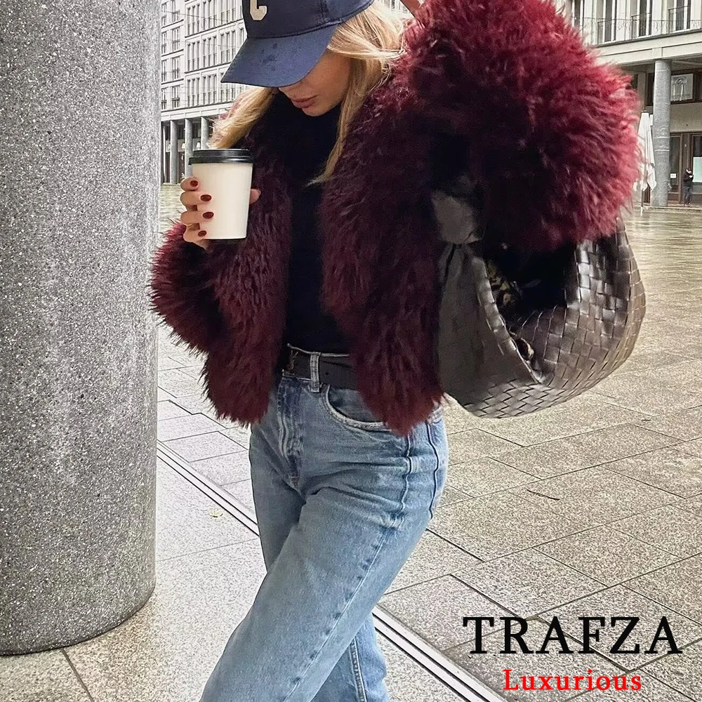 TRAFZA Casual Red Fur Jackets Women Long Sleeve V Neck Thick Autumn Winter Short Coats Fahsion 2024 Streetwear Warm Outwears