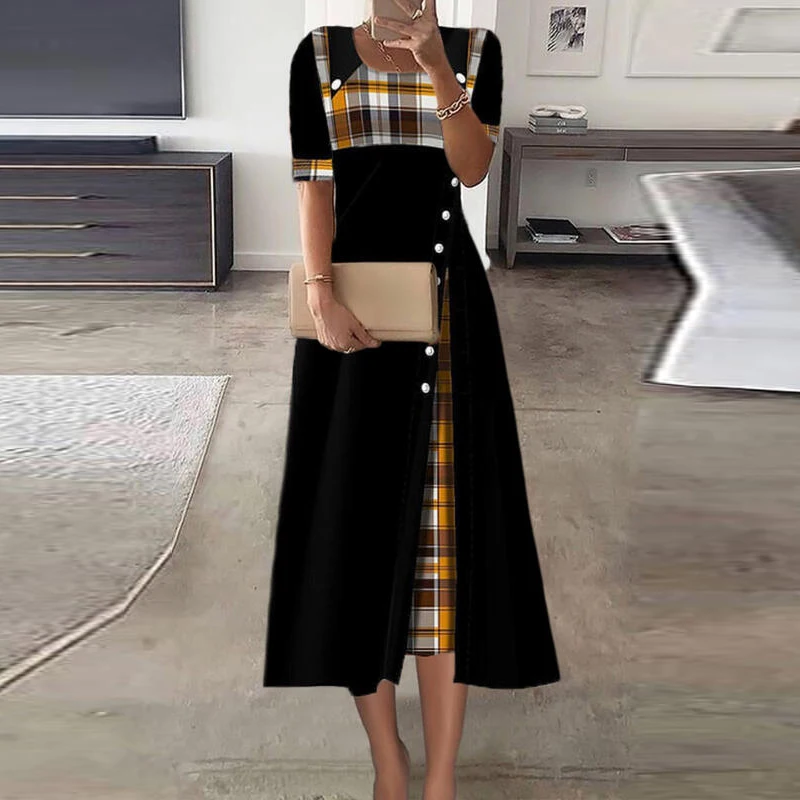 Vintage Print Party Dress Women Summer O Neck Short Sleeve A-line Long Dresses For Women Elegant Office Party Dress 2023
