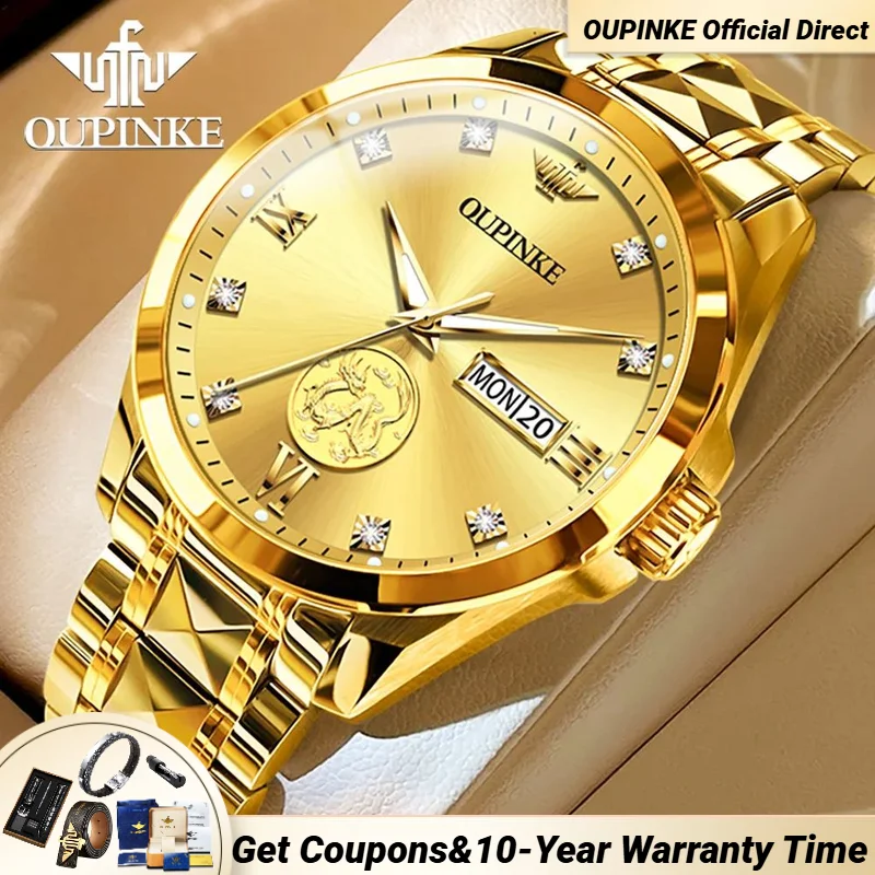 OUPINKE 3259 Real Gold Dragon Watch for Men Deep Waterproof Full Automatic Movement Mechanical Watch Tungsten Steel Hand Clock