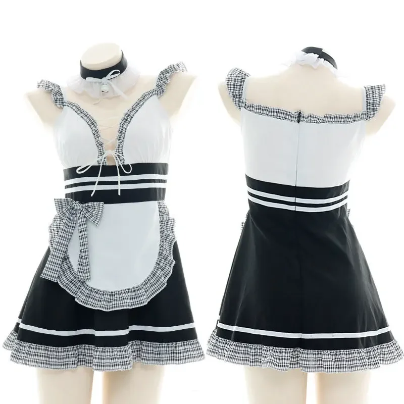 New Two-Dimensional Sexy Suit Maid Costume Japanese Bell Neck Decoration Low-Cut Hollow Cross-Lace Cosplay Fake Two Clothes