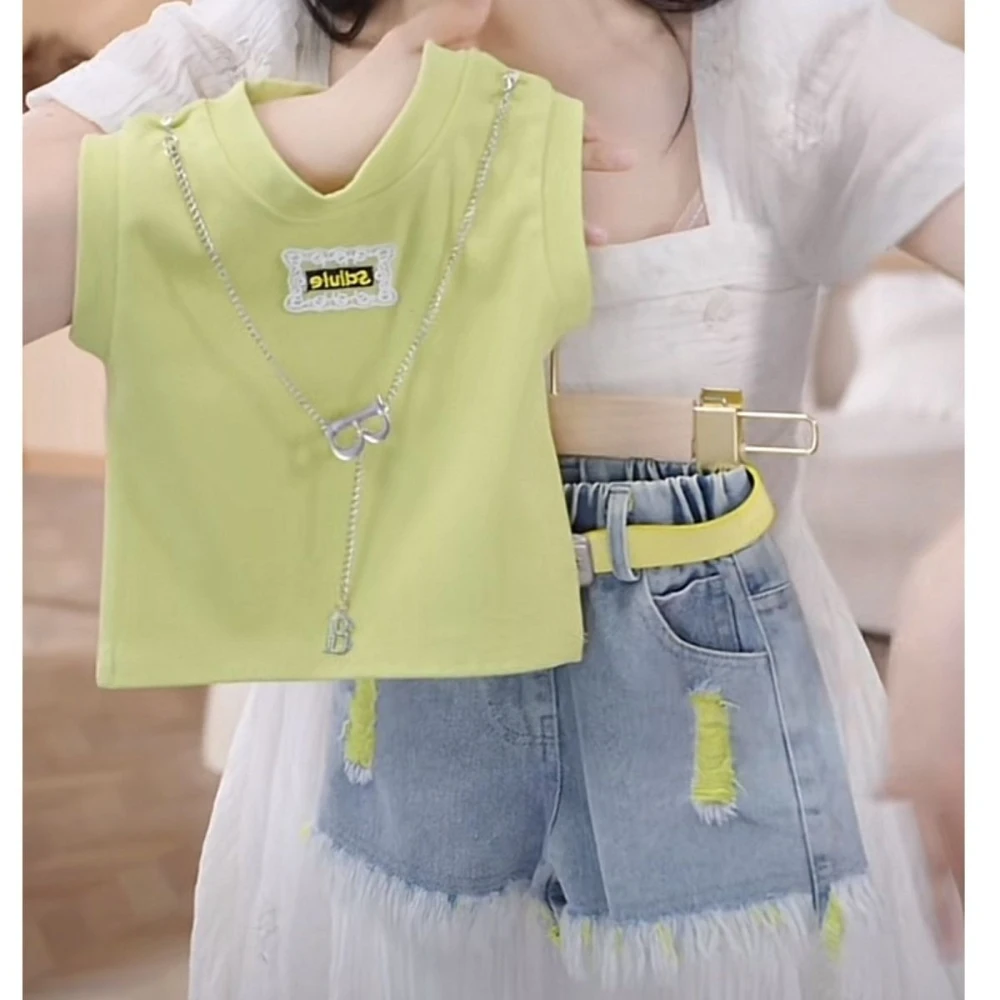 Girls Summer Vest Set 2026 New Style Fashionable Casual Versatile Distressed Denim Shorts Childrens Summer Outfit