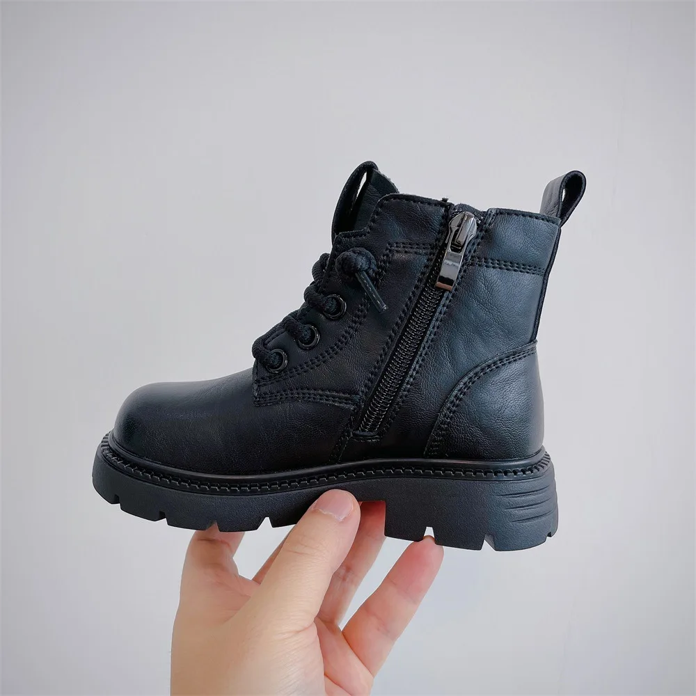 Boots Children Solid Boots for Girls Kids Autumn and Winter Thick Bottom Non-slip Ankle Boots for Boys Side Zip Derma Boots