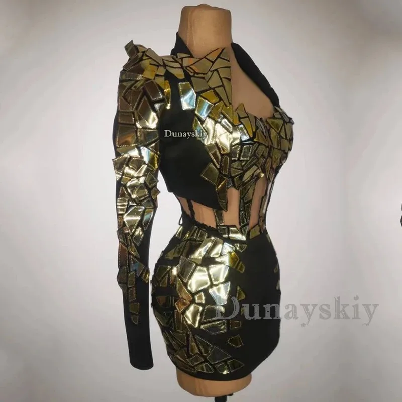 ナイトクラブバー女性歌手ミラーコスチュームゴールドとシルバーのホローショートドレス女性ゴーゴーコスプレドラッグクイーンステージパーティードレス