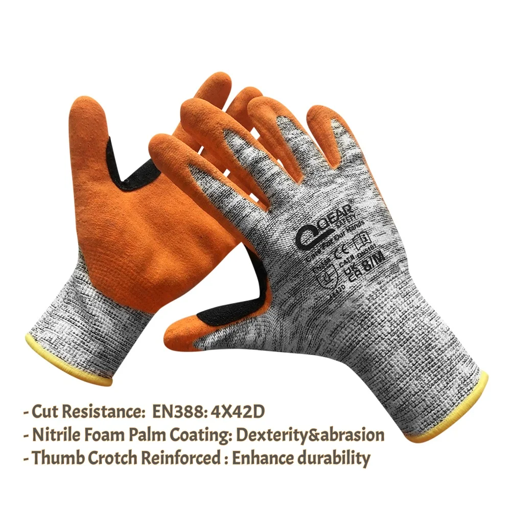 QearSafety Cut level 5 Protection Work Gloves, HPPE fiber Knitted, Sandy Orange Color Nitrile Palm Coated,Anti-slip, Flexible