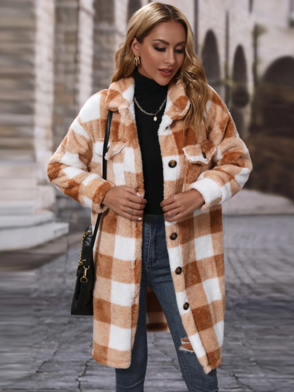 

Women's Plaid Flannel Jaet Autumn Winter Middle Length Loose Fit Casual Versatile Button up Coat Sli Polyester Outerwear