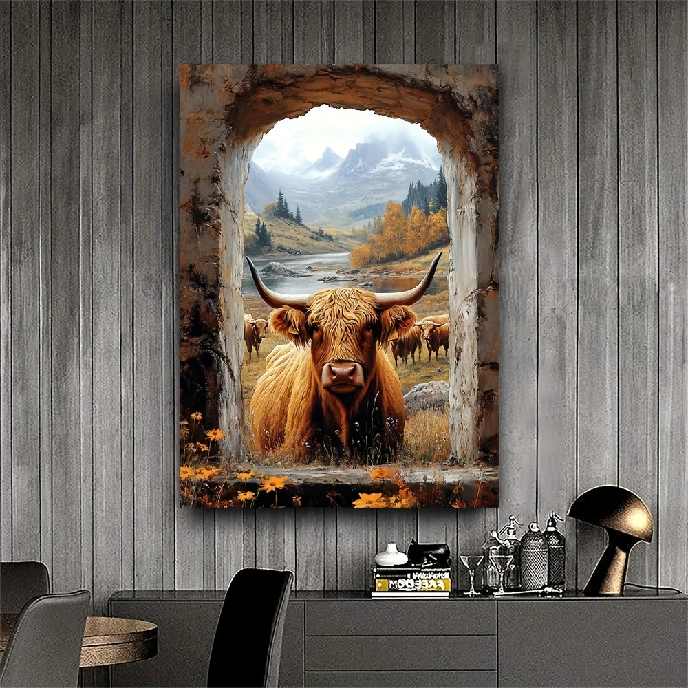 (No frame)2D Flat, 1pc, [2D Flat] with Frame, 12x16inch Scottish Highland Cow Cattle Window View, Window Style Modern Design
