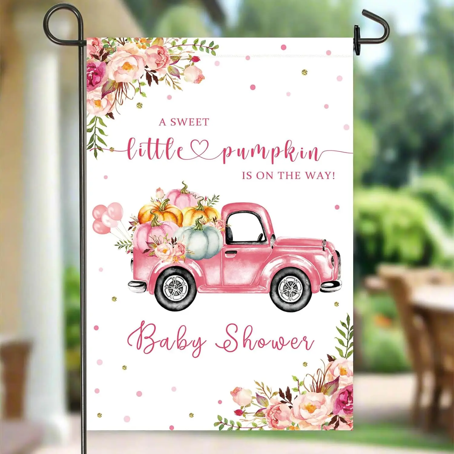 12×18 Inch Double Sided Garden Flag, Pink Floral with Pink Car Pulling Pumpkins, 