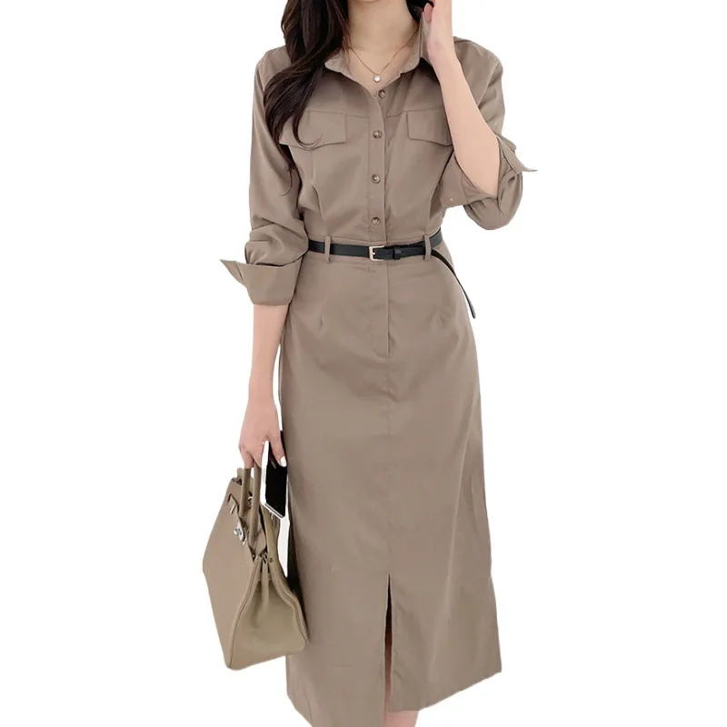 Abito da ufficio elegante donna estate manica lunga camicia lunga vestito estivo abito 2023 abito moda casual tinta unita abiti midi