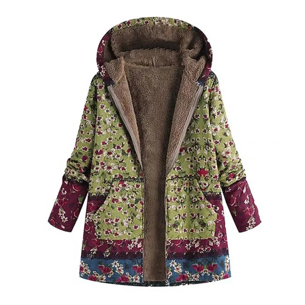 Women Winter Coat Retro Floral Print Hooded Plush Zip-up Heat Retention Long Sleeves Mid Length Pockets Leisure Boho Jacket