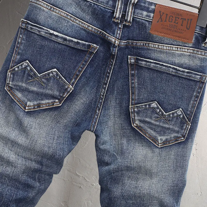 Fashion Designer Men Jeans High Quality Retro Blue Stretch Slim Fit Embroidery Patched Ripped Jeans Men Vintage Y2K Denim Pants